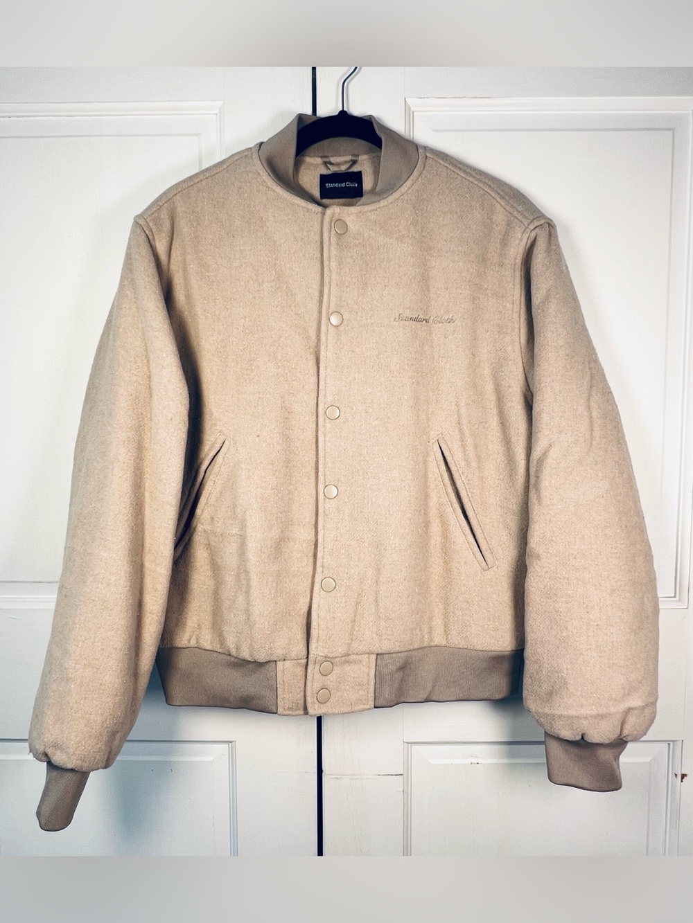 Standard Cloth Men Wool Blend Varsity Jacket Beige Snap Button Embroidered Sz S